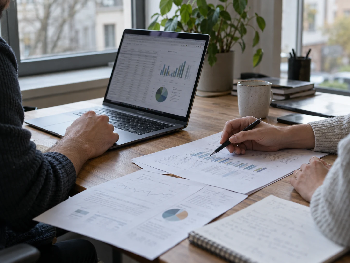 Illustrative scene of colleagues reviewing commercial reports and charts.