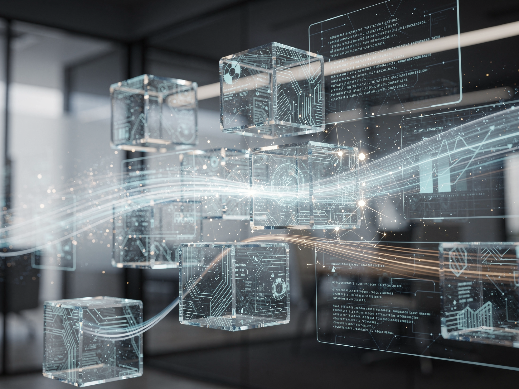Transparent digital cubes connected by streams of data in a modern workspace.